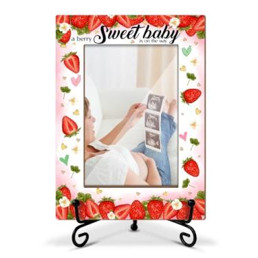 Imagem de Lesixur Moldura de madeira Sweet Baby Is on The Way, decoração de chá de bebê de morango, presentes para papai novato, porta-retrato 10 x 15 com suporte de ferro para mesa de mesa, decoração de mesa