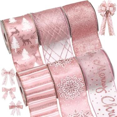 Imagem de Tsorode Fita de Natal com fio de 6,3 cm, 6 rolos de 36 metros, fita de árvore de Natal em ouro rosa, fitas com fio para enfeite de árvore, guirlanda de laço, decoração de presente (ouro rosa)