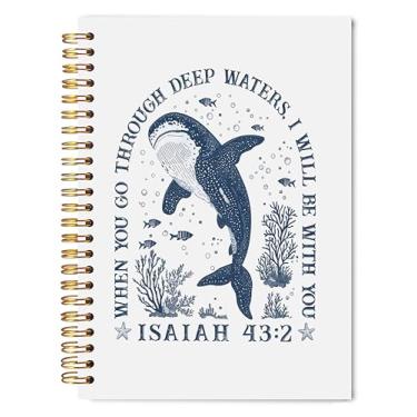Imagem de Welshower Caderno espiral, cristão, tubarão, baleia, oceano, litoral, versículo bíblico, para anotações, diário das escrituras de Isaías 43:2, diários religiosos para mulheres, 14 x 21 cm