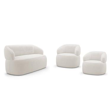 Imagem de Kit 02 Poltronas Giratória E 01 Sofá Orgânico Glee 03 Lugares 170cm Bouclê Off White - Abmaza