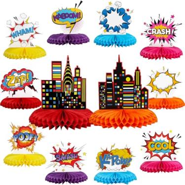 Imagem de Atiloy Set of 12 Hero Party Theme Honeycomb Centerpiece Decoration, Fun Hero Action Signs, Hero themed Party Supplies, Table Decoration Centerpieses, Happy Birthday Decoration Supplies for Kids