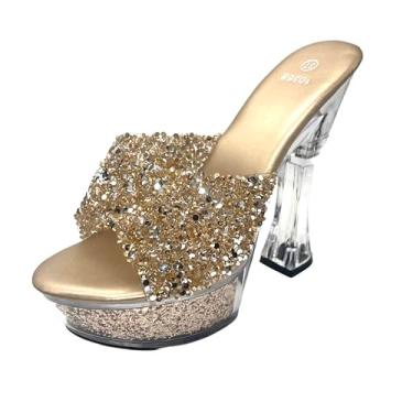 Imagem de mclubgirl Sandálias Mule plataforma cristalina, enfeitadas com strass, salto de 12,7 cm, ouro prateado, Dourado, 34