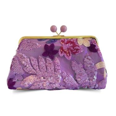 Imagem de Bolsa Clutch Vintage Feminina, Tecido Sintético com Bordado Floral, Alça Corrente Dourada, 24.5x14x4.5cm, Fecho Metálico, Estilo Elegante para Festas (Lilás)