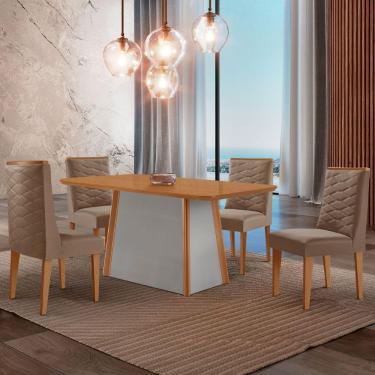 Imagem de Mesa De Jantar Diane 120cm Tampo Mdf Lam 4 Cadeiras Safira Moderna Veludo Capuccino Naturale Off White