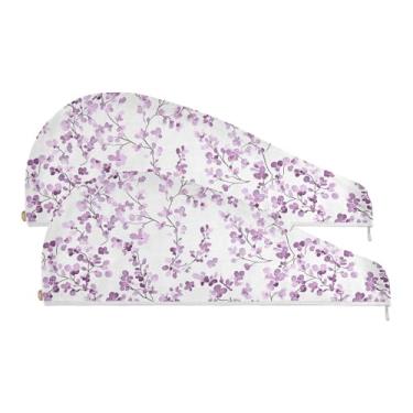 Imagem de SEHANY Toalha de cabelo de microfibra elegante flores roxas para mulheres 2 peças turbantes de cabelo de secagem rápida com botão, touca de cabelo seco absorvente toalha de secagem de cabelo para