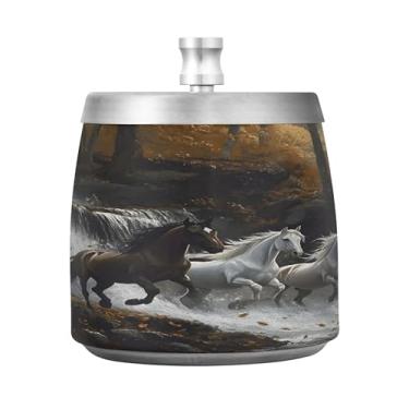 Imagem de SEHANY Cinzeiro majestoso para cavalos de corrida com tampa para cigarro, à prova de vento, sem fumaça, aço inoxidável, cinzeiro para uso interno, externo, grande, inodoro, para fumantes, decoração de