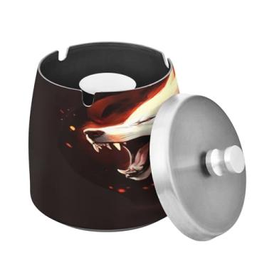 Imagem de Blueangle Cinzeiro de lobos com fogo com tampa para cigarros, à prova de vento/chuva, aço inoxidável, sem fumaça, inodoro, cinzeiro para uso interno ou externo (548)