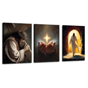 Imagem de ARNLRDYA Jesus transportando cruz arte de parede iluminada cruz decoração de parede imagem de túmulo vazio pintura ícone cristianismo 3 peças pôster moldura de impressão em tela para decoração de casa