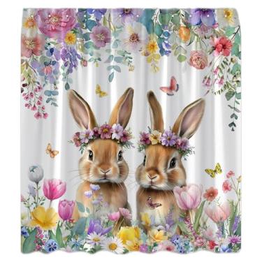 Imagem de XHUUXH Cortina de chuveiro de Páscoa, coelhinho, ovo, primavera, tulipa, coelho, aquarela, floral, planta, natureza, rústico, jardim, festival, decoração de festival, conjunto de cortinas de banheiro