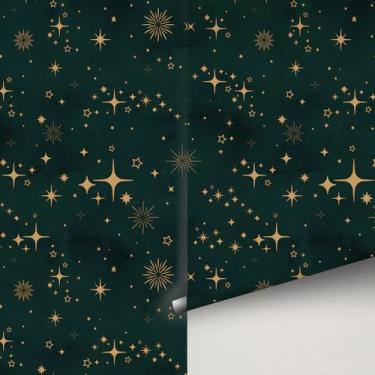 Imagem de Buiory Papel de parede grande Eden Green Starry Sky - Mural de parede com tema espacial removível de 38,6 x 480,6 cm com estrelas amarelas e meteoros, papel de parede DIY para quarto, sala de estar