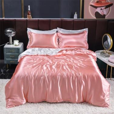 Imagem de XLCZMYL Jogo de cama de seda de cetim com capa de edredom fronhas de casal sólido solteiro casal fronha, rosa + branco, lençol de alimentação 200 x 230 4 peças