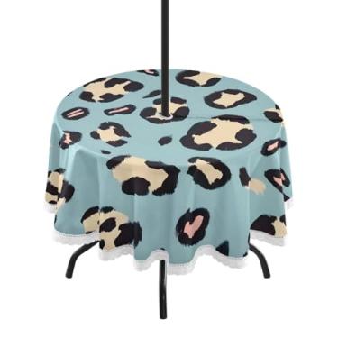 Imagem de CEBUGI Toalha de mesa redonda para uso ao ar livre, estampa de leopardo, impermeável, com furo Umberlla, capa de mesa lavável para pátio, cozinha, sala de jantar, 152 cm
