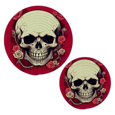 Imagem de Wassud Conjunto de caveira com rosa vermelha para pratos quentes, suportes de panela redondos, almofadas quentes de algodão, porta-copos elegantes, decoração de cozinha e acessórios, 2 peças