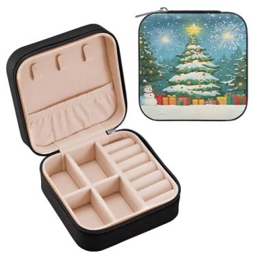 Imagem de Wassud Caixa de joias de viagem de Natal com fogos de artifício para mulheres, meninas, senhoras, noiva, mini organizador de joias de couro PU, caixa quadrada de armazenamento de joias para brincos