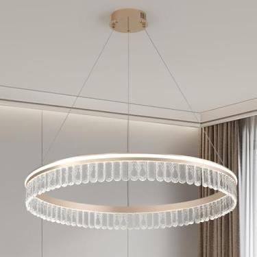 Imagem de Lustre de Cristal Dourado, Lustre Redondo de LED de 80cm, Luminária de Teto Moderna Semi-Embutida para Sala de Estar, Luminária Pendente Dimerizável de 300K a 6000K para Quarto, Cozinha, Hal