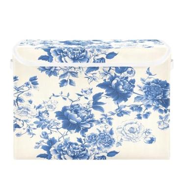 Imagem de CEBUGI Caixas de armazenamento com tampas, caixa de armazenamento de tecido dobrável, azul e branco, caixas organizadoras de cubo floral para armário de casa prateleiras de quarto 40 x 30 x 39 cm