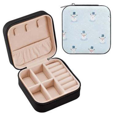 Imagem de Wassud Estojo de joias de viagem com estampa de boneco de neve para mulheres, meninas, senhoras, noiva, mini organizador de joias de couro PU, caixa quadrada de armazenamento de joias para brincos