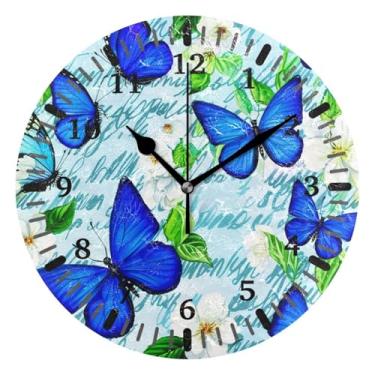 Imagem de CEBUGI Blue Butterflies Relógio de parede operado por bateria relógios redondos silenciosos sem tique-taque relógios de parede para cozinha, banheiro, quarto, escritório, decoração 25,4 cm