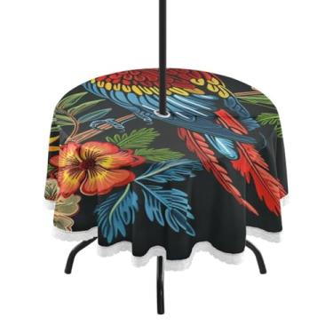 Imagem de CEBUGI Toalha de mesa redonda para uso ao ar livre, papagaio colorido, impermeável, com furo Umberlla, capa de mesa lavável para pátio, cozinha, sala de jantar, 152 cm