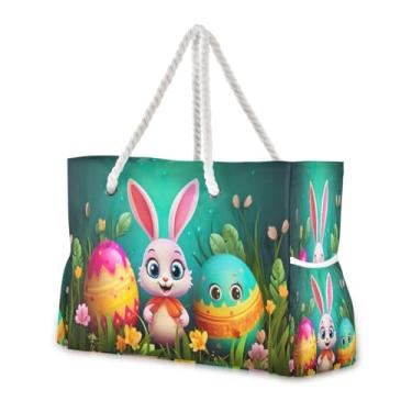 Imagem de Wassud Bolsa de praia grande para mulheres com coelho e ovos, impermeável, à prova de areia, bolsa de viagem com zíper e bolso para piscina, academia, acampamento