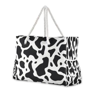 Imagem de Wassud Bolsa de praia preta listrada de vaca grande, bolsa de praia para mulheres, impermeável, à prova de areia, bolsa de viagem com zíper e bolso para piscina, academia, acampamento