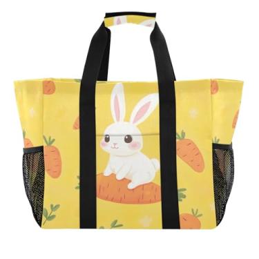 Imagem de STAYTOP Lindas bolsas de praia femininas de coelho e rabanete - Bolsa de praia à prova d'água à prova de areia com bolso para viagens, férias, academia, A, 15,4 x 9,8 x 32,5 cm