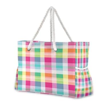 Imagem de Wassud Bolsa de praia multicolorida, xadrez, grande, para mulheres, impermeável, à prova de areia, bolsa de viagem com zíper e bolso para piscina, academia, acampamento