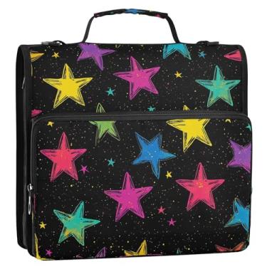 Imagem de CEBUGI Fichário de 3 anéis com zíper com alça de ombro, pasta de arquivo expansível de 3,8 cm, anéis D, para escola, escritório, estrelas coloridas