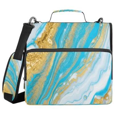 Imagem de STAYTOP Fichários com zíper de 3 anéis com alça de ombro, organizador de fichário de 3,8 cm, pasta expansível resistente à água com vários bolsos para escola e escritório - lindo mármore azul dourado