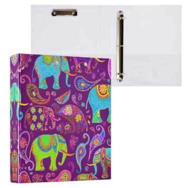 Imagem de STAYTOP Organizador de fichário redondo de elefante tribal colorido estilo indiano, fichário de 3 anéis com prancheta (carta A4), fichário fofo para material de escritório escolar
