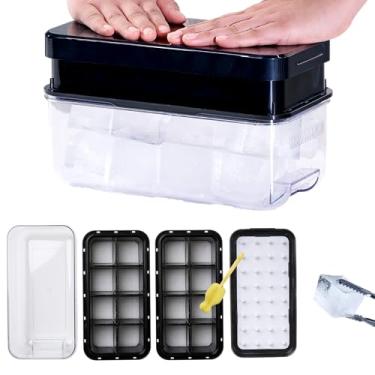 Imagem de HOUSIMPLE Bandeja de gelo push para freezer com tampa e lixeira, pequenos moldes de plástico de silicone com 32 cubos de gelo com colher e escova de esponja, (preto, conjunto de 2 bandejas Giantpush)