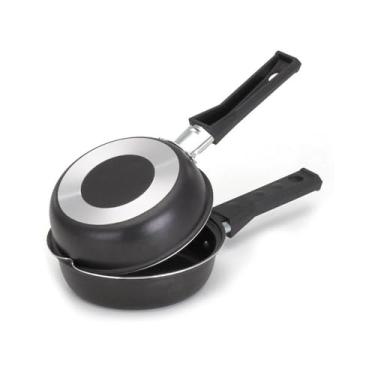 Imagem de Frigideira Dupla Hamburgueira e Omeleteira Antiaderente, Alumínio, 14cm, Preto, Cabo Baquelite, 25x4cm
