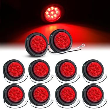 Imagem de TMH Pacote com 10 luzes de LED vermelhas redondas de 5 cm com refletores de folga Pigtail Lights/w luz lateral à prova d'água selada de borracha para trailer de caminhão 12 V CC