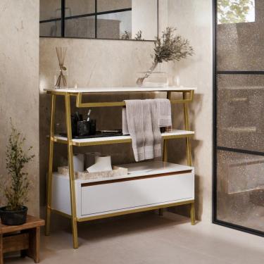 Imagem de Armário Multiuso Gabinete Banheiro Industrial 1 Gaveta Thor Branco Cedro com Dourado - Rede Móveis
