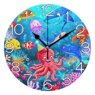 Imagem de GAIGEO Relógio de parede analógico decorativo funky alimentado por bateria relógio de sala de aula, arte de parede boho, decoração de casa, desenho animado colorido animal tartaruga, 25 cm, ponteiros