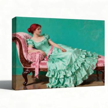 Imagem de Arte de parede em tela, pintura a óleo, mulher vintage descansando na espreguiçadeira em vestido verde, decoração clássica para sala de estar, quarto, 20 x 25 cm