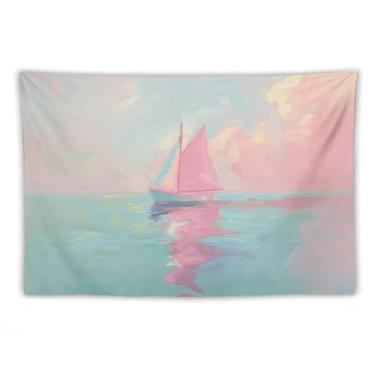 Imagem de Tapeçaria de parede de veleiro rosa no oceano calmo decoração náutica costeira arte pastel pôr do sol para sala de estar quarto pátio relaxante praia pendurado acento encantador cena aquática 60 x 80