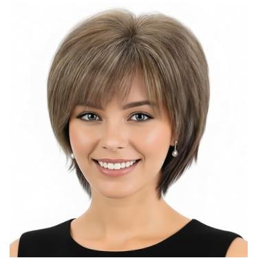 Imagem de SEVENCOLORS Peruca de Cabelo Curto com Franja Marrom Escuro Misto Loiro Corte Pixie para Mulheres - Fibra Sintética Lisa - Tamanho Único