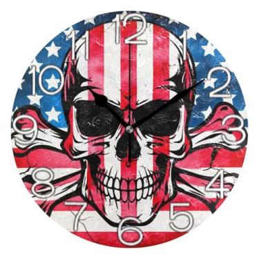 Imagem de Relógio de parede decorativo analógico operado por bateria silencioso relógio de cozinha rústico, retrô moderno art déco decoração de parede grunge bandeira americana caveira, 25 cm, ponteiros pretos