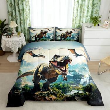 Imagem de Conjunto de cama queen de dinossauro para meninos, 3D, animais da selva, decoração de quarto de meninos e homens, conjunto de colcha retrô com paisagem da selva, 3 peças, enchimento de edredom de