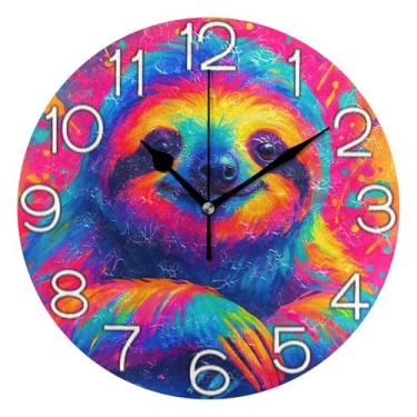 Imagem de GAIGEO Relógio de parede analógico decorativo operado por bateria, relógio de sala de aula, decoração de sala de estar, arte moderna, preguiça fofa colorida, 25 cm, ponteiros pretos