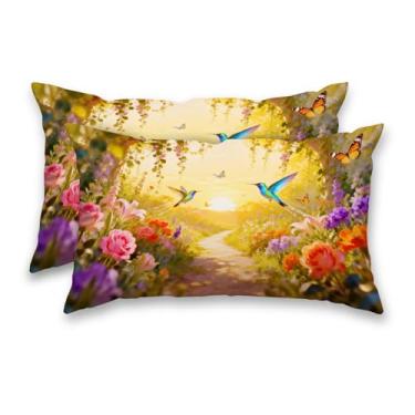 Imagem de HOMETITUTE Capas de almofada de primavera, pacote com 2 fronhas decorativas de cetim 30,5 x 50,8 cm, jardim, pássaros, borboletas, para sofá, sala de estar, fazenda, decorações de férias
