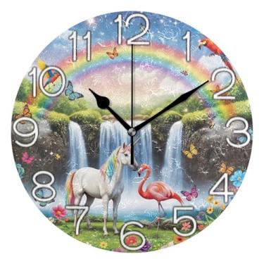 Imagem de Relógio de parede analógico decorativo de unicórnio branco flamingo arco-íris relógio de cozinha rústico funky alimentado por bateria, arte de parede boho decoração de casa, 25 cm, ponteiros pretos
