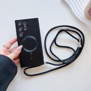 Imagem de Capa magnética transversal com cordão para Samsung Galaxy S24 S23 S22 S21 Ultra, colar ajustável, capa e acessórios, preta, para S24 Ultra