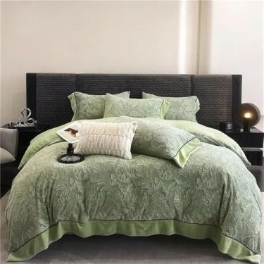 Imagem de Conjunto de cama tamanho Queen, roupa de cama macia, capa de edredom de inverno, lençóis de casal, edredom com borda larga, verde, lençol de baixo com elástico de 1,5 m.