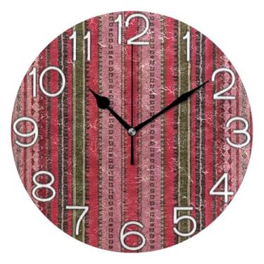 Imagem de GAIGEO Relógio de parede analógico decorativo sala de aula relógio de escritório funky alimentado por bateria, arte de parede boho decoração de casa área étnica vermelha listrada, 25 cm, ponteiros