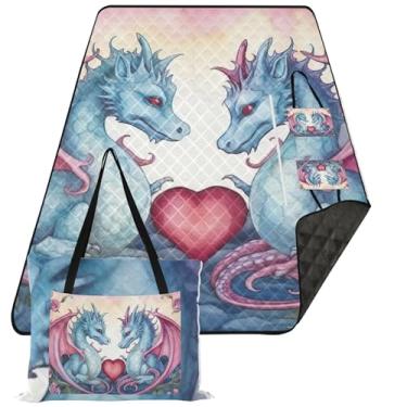 Imagem de TSENQUE Acessórios de piquenique Valentine Dragons Love Cobertores de areia dobráveis para praia, tapete de brincar ao ar livre para grama, 203 x 152 cm