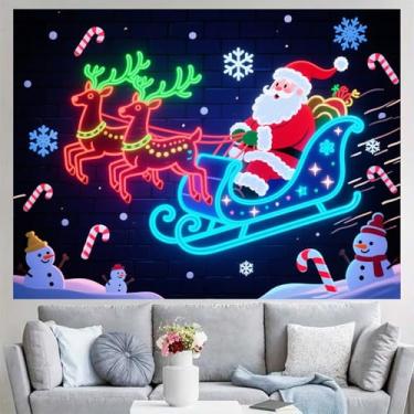 Imagem de BlissYard Tapeçaria de luz negra néon Passeio de trenó de Papai Noel reativo a UV Merry Christmas Rena para pendurar na parede que brilha no escuro decoração de férias floco de neve bengala doce para