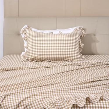 Imagem de Jogo de cama solteiro xadrez com babados e 3 peças, jogo de lençol xadrez 100% algodão, 40,6 cm com bolso profundo, guingão, macio, respirável, durável, com sensação de linho (xadrez/branco, solteiro)