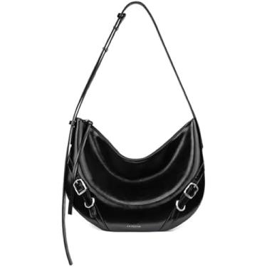 Imagem de LAFESTIN Bolsa de ombro feminina de couro – Bolsa de ombro ajustável com zíper, bolsa de ombro crescente moderna para uso diário, Ônix preto